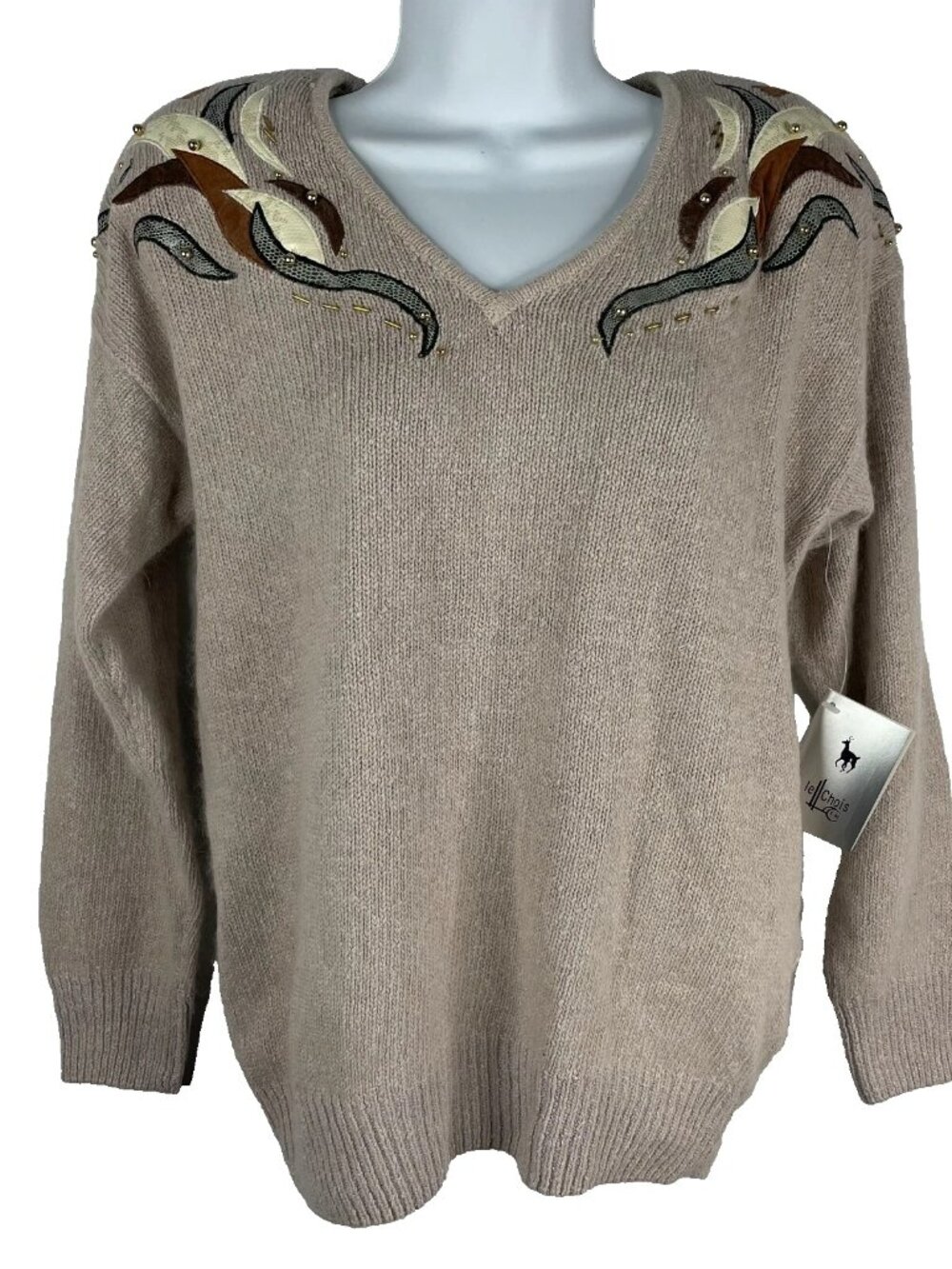 Vintage 80s Le Chois Beige Silk Angora Sweater Animal Print Patches Bead…